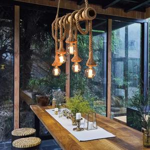 Arturesthome 5 Heads Vintage Bamboo Chandeliers Hemp Rope Pendant Light