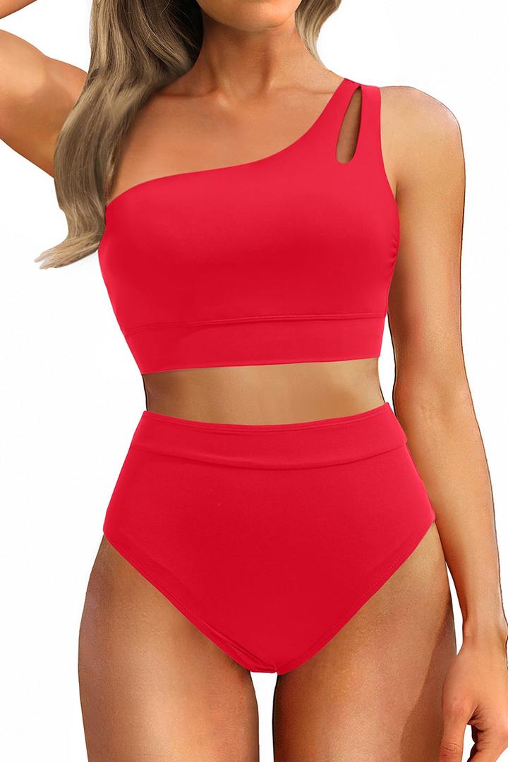 Two Piece High Waisted Swimsuits for Women - One Shoulder Bikini Tummy Control Bathing Suit 2025 Full Coverage Swimwear, L