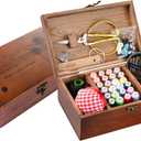 Sewing Kit, Wooden Sewing Kit Box for Adults, Wooden Sewing Basket with Accessories, Home Sewing Basket Stitching Repair Kit for Beginner, Women, Men,Vintage Embroidery Scissors Kit (Retro Brown)