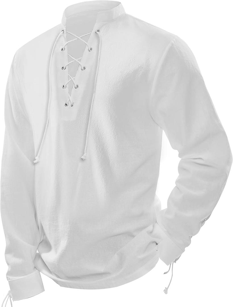 Spooktacular Creations Men's Halloween Renaissance Medieval Viking Costume Long Sleeved Pirate Shirt Top for Dress-Up Parties (Medium, White)