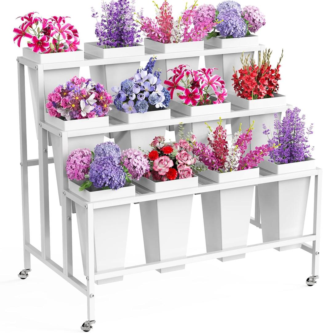 Asee'm Flower Display Stand with 12 Buckets 3 Layers Metal Plant Stand with Wheels Heavy Duty Moving Plant Cart Shelf Flower Bar Stand for Florist Indoor Outdoor Patio Garden Wedding Dector White (37"L x 23.62"W x 31.5"H)
