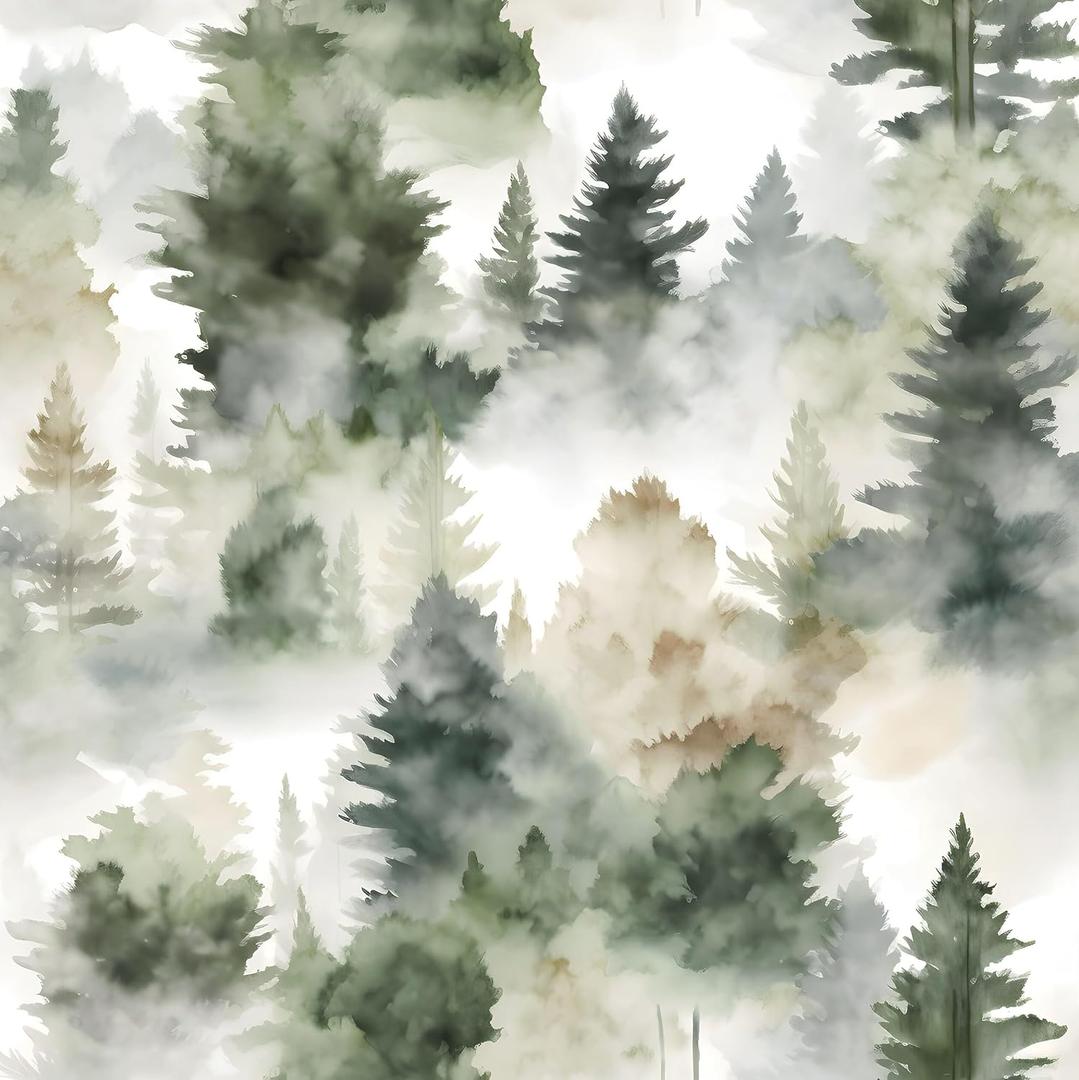 Foggy Forest Wallpaper Peel and Stick 17.4" x 393" Misty Woodland Green/Yellow Trees Contact Paper Waterproof Self-Adhesive Wall Paper for Bedroom Countertop Desk Cabinets Decor Renter Friendly