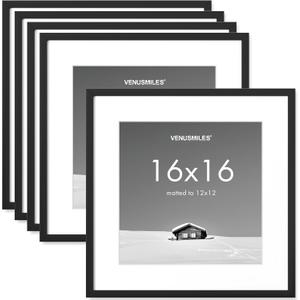 16x16 inch Picture Frame, 16x16 Photo Frames with 12x12 Removable Mat - High Definition Plexiglass - Vertical and Horizontal Display - Wall Hanging Frame - Black, 5 Pack