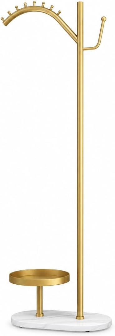 Gold Freestanding Coat Rack, Marble Base, Storage Tray, 70.9 in
70.9 in Gold Iron Coat Rack with Marble Base, Multi-Hook Top, Side Hook, 11.9 in Storage Tray, 300 lb Capacity