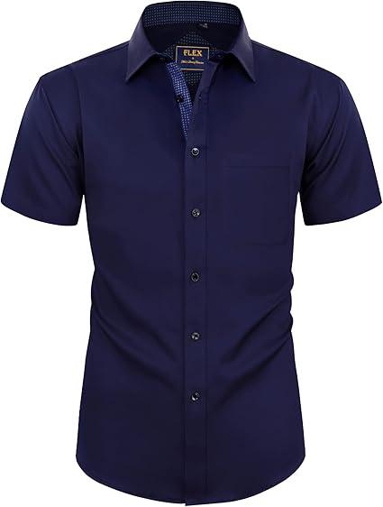Alimens & Gentle Mens Short Sleeve Dress Shirts Wrinkle Free Solid Casual Button Down Shirts with Pocket XL, Navy Blue