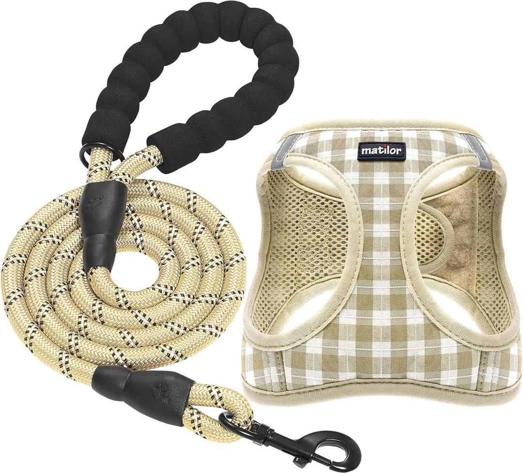 Dog Harness Step-in Breathable Puppy Cat Dog Vest Harnesses for Small Medium Dogs Beige Checkered (Large (Chest 17''-20'', Weight 14-19 lb))