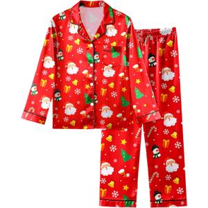 Sylfairy Girls Pajamas Silk PJS Set Satin Sleepwear Long Sleeve Jammies for Kids Button-Down Nightwear Loungewear (14Y, Christmas Santa Claus)