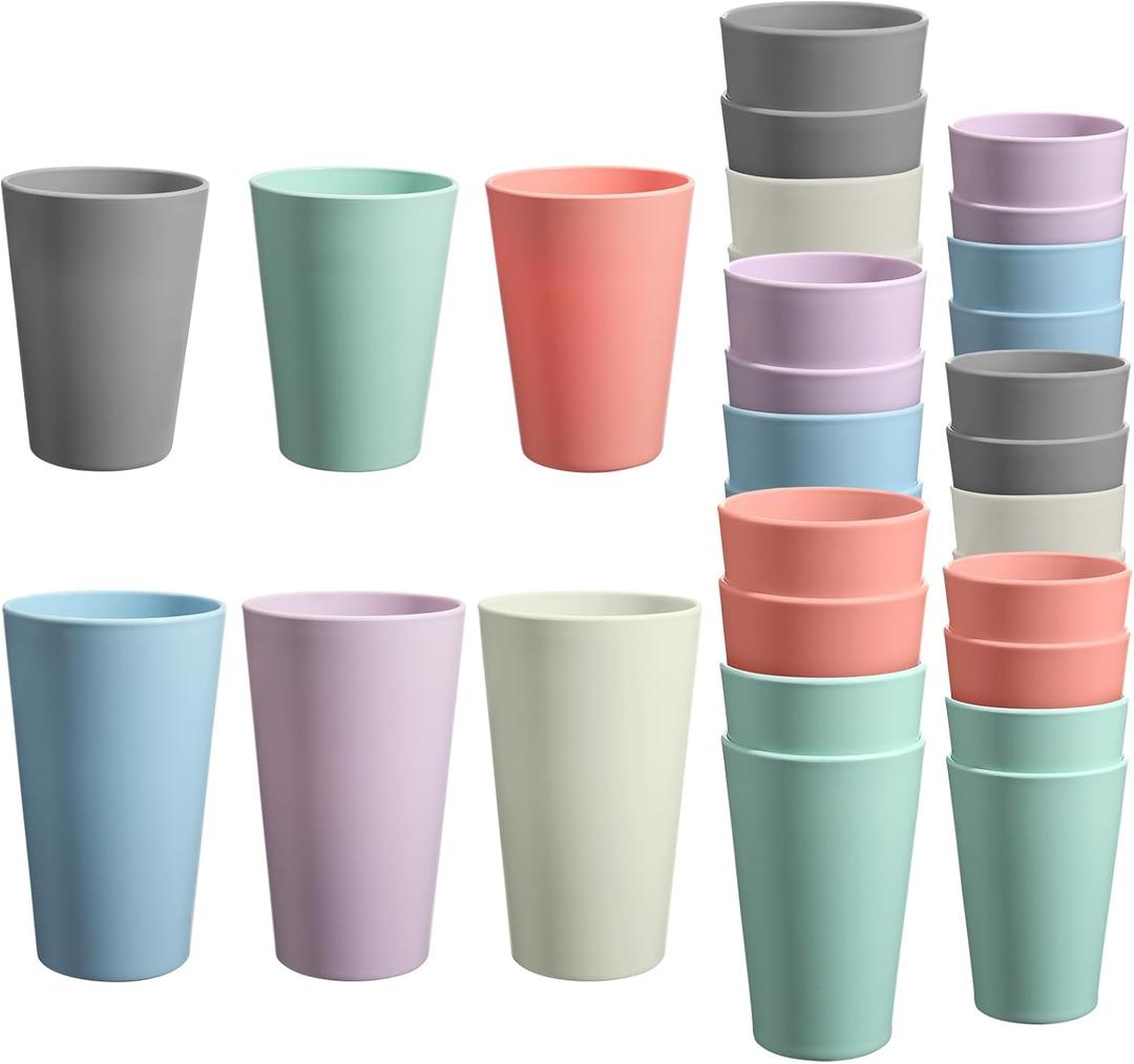 24 Pcs Unbreakable Plastic Cups Set, 12 Pcs 14 oz and 12 Pcs 20 oz Reusable Plastic Cups, Stackable Water Tumblers, Drinking Cup for Kitchen, BPA-free, Dishwasher and Microwave Safe, 6 Colors (6-Light Multicolor)