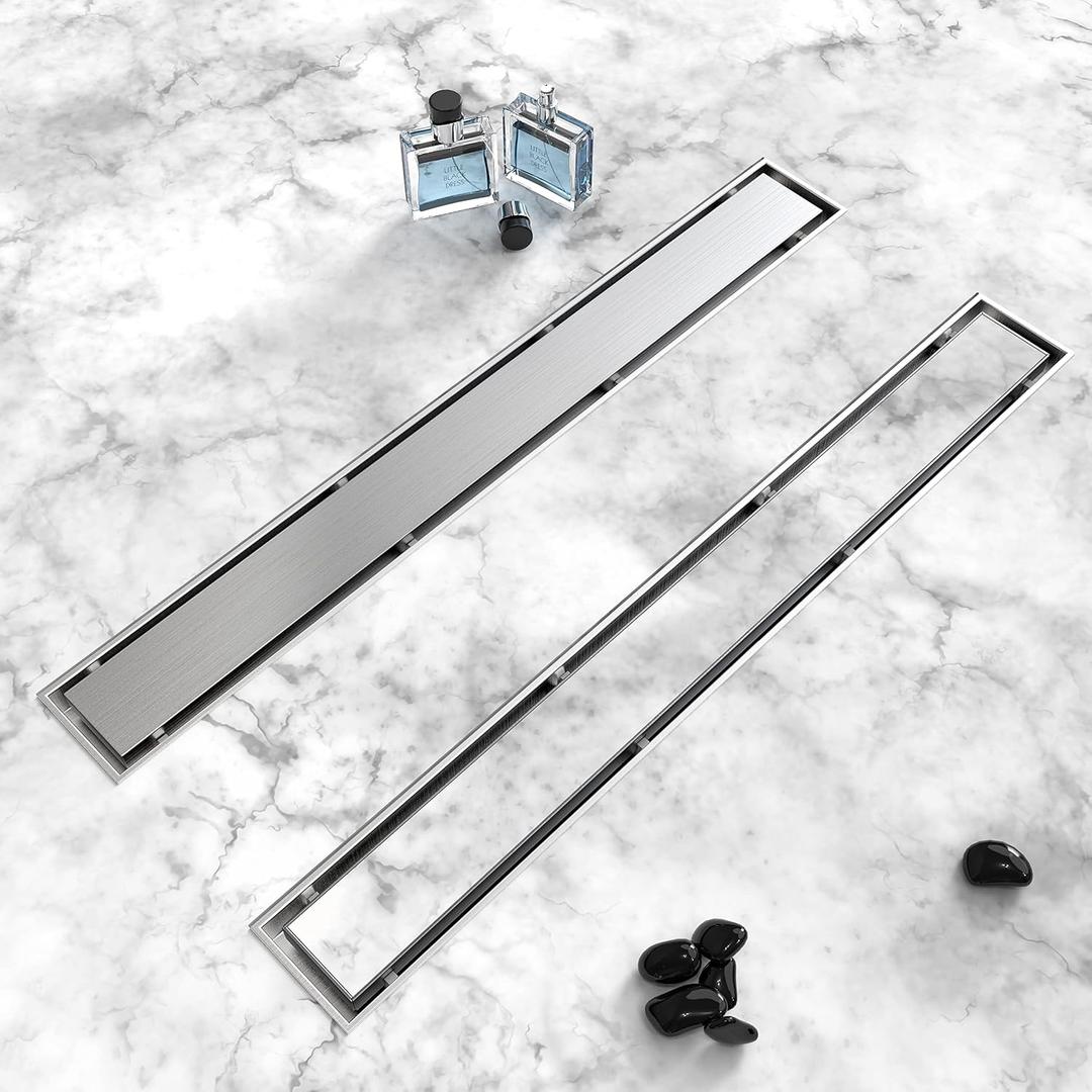 Shower Drain, 2 in 1 Linear Shower Drain 24 Inch(Brushed Nickel), 304 Stainless Steel Shower Floor Drain with Tile Insert Grate,Adjustable Feet,Hair Filter