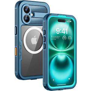 Lanhiem Magnetic for iPhone 16 Plus Case, IP68 Waterproof Dustproof Case, [Compatible with Magsafe] [Built-in Screen Protector] Full Body Heavy Duty Rugged Phone Cover 6.7 inch, Blue/Clear