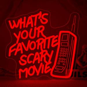 What's Your Favorite Scary Movie Neon Sign Red LED Wall Light with Retro Phone Design Horror Movie Night & Halloween Party Decor