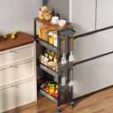 Slim Rolling Storage Cart with Wheels, 4-Tier Metal Utility Cart with Handle & Wood Top, Small Mobile Organizer Shelf Unit for Laundry Room, Kitchen, Bathroom, Office, Narrow Space (7.1 inch, Black)