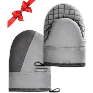 Mini Oven Mitts, Kitchen Oven Gloves Kitchen Mittens 500 Degrees Heat Resistant Baking Gloves, Non-Slip Silicone Surface with Hanging Loops Hot Gloves for Cooking, Baking, BBQ 1 Pair-Gray