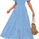 ZESICA Women's 2025 Summer Short Sleeve Maxi Dress Casual V Neck Hollow Out Eyelet Ruffle Swing A Line Long Dresses (Medium)