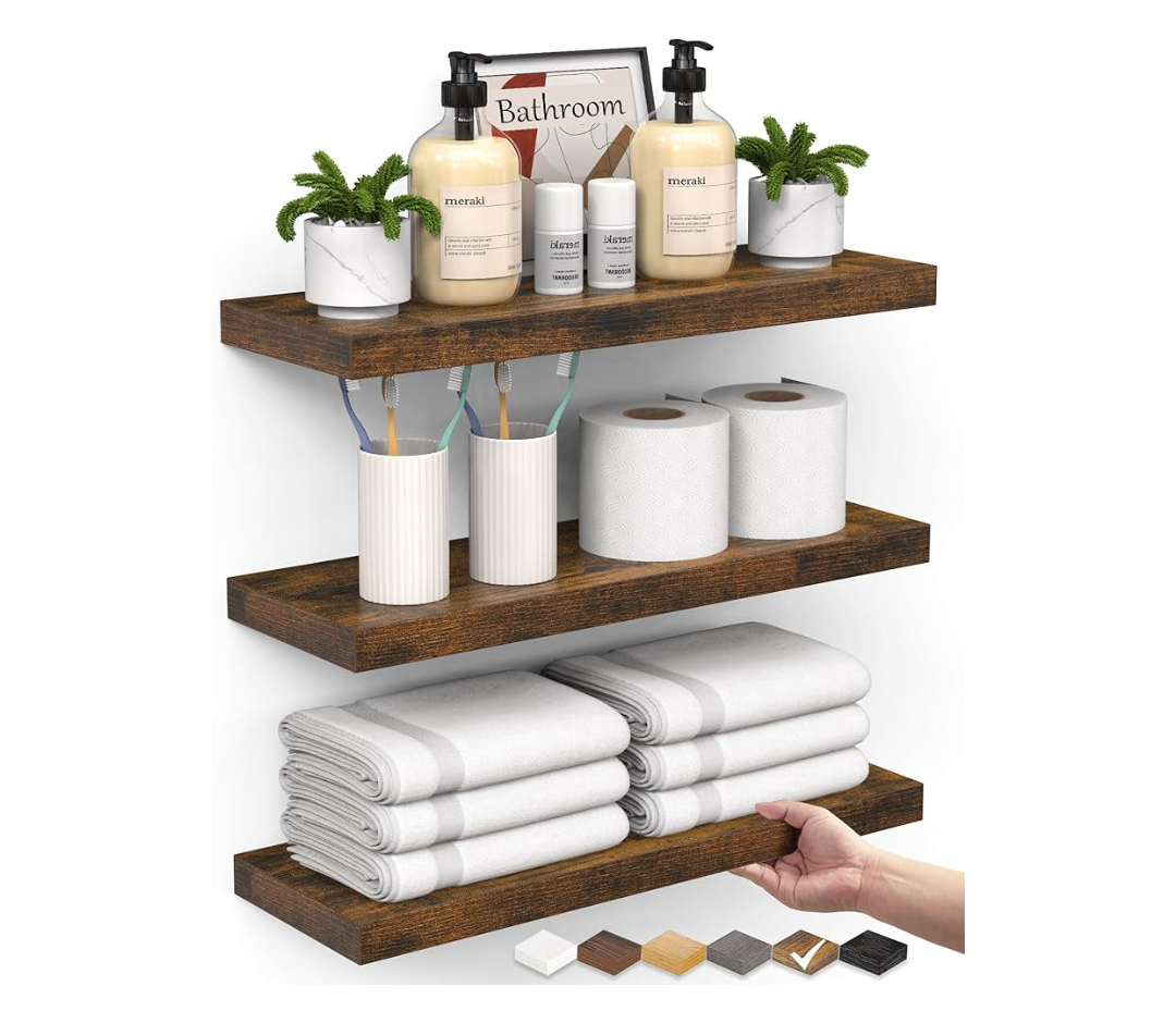 BAYKA Bathroom Floating Shelves for Wall Set of 3 - Rustic Brown Farmhouse Wood Shelves Over Toilet for Bedroom, Kitchen, or Living Room Decor Display, Storage for Plants, Toilet Paper or Bath Towels