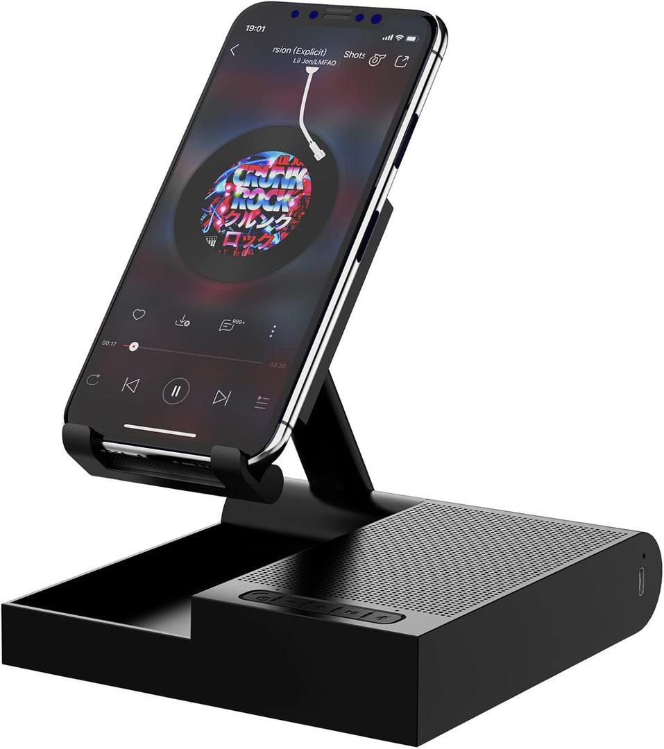 DOSS Cell Phone Stand with Bluetooth Speaker, 15W Wireless Charger and Anti-Slip Base,4-in-1 Function, 8H Playtime, Adjustable Holder, Compatible with Tablet