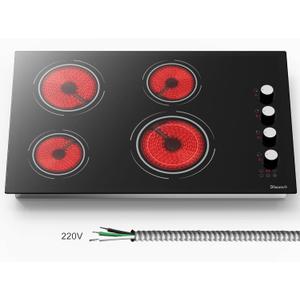 30 Inch Electric Cooktop - 4 Burner Built-in(29.13"x19.3") Ceramic Stove Top 6700W, 30" Electric Cook Top with Timer, Safety Lock, Pause, Dual Ring, 220V - 240V Hard Wired (White Knob)