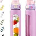 MUKOKO 2-in-1 Borosilicate Glass Water Bottle with Straw for Sports and Travel, 24oz Drinking Bottle with Silicone Sleeve, BPA Free, Leak Proof, Pink