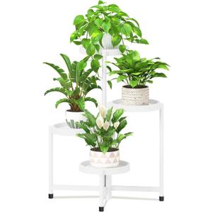 iDavosic.ly 4 Tier Folding Plant Stand Indoor Outdoor with Plastic Tray, Tiered Corner Flower Holder Shelf, Metal Orchid Display Rack for Patio Porch Living Room Garden Balcony, White