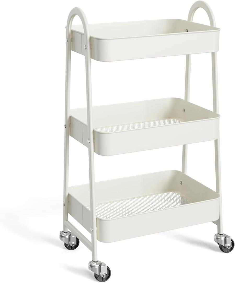 NEWBULIG 3-Tier Metal Rolling Cart with Lockable Wheels, Heavy Duty Mobile Utility Storage Shelf, Roller Book Snack Cart, Organization for Livingroom, Bathroom, Office, White