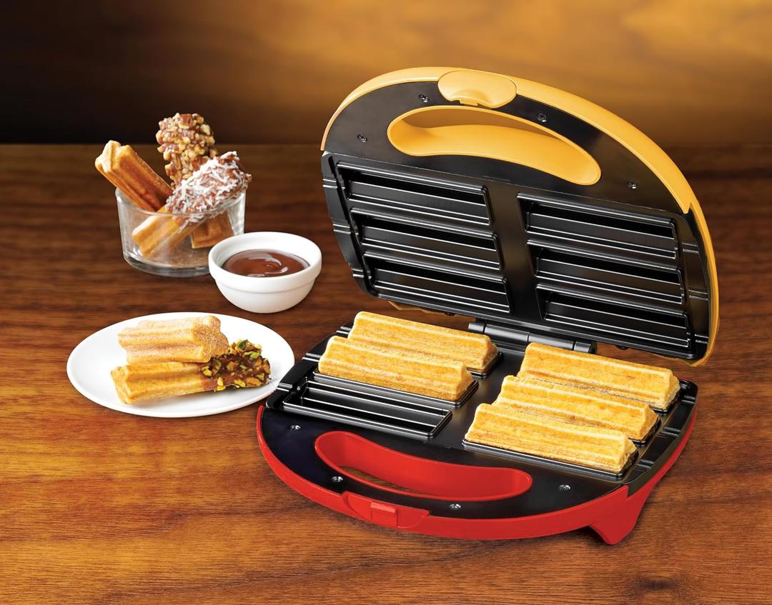 Nostalgia Taco Tuesday Electric Churro Maker  Nonstick, 6-Slot Dual Cooking Plates for Homemade Churros and Cinnamon Pasties  Yellow and Red