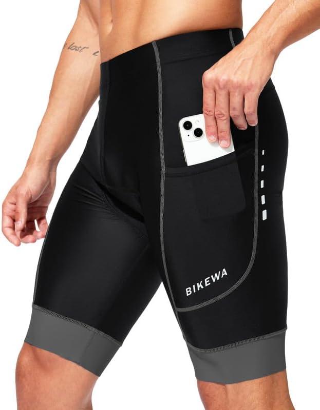Bikewa Padded Bike Shorts for Men 4D Cycling Road Riding Biking Padding Bicycle Shorts with Phone Pockets (Medium, Black/Dark Grey)