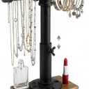MyGift Industrial Pipe Black Metal T-Bar Jewelry Bracelet & Necklace Adjustable Height Display Stand with Brown Wood Base
