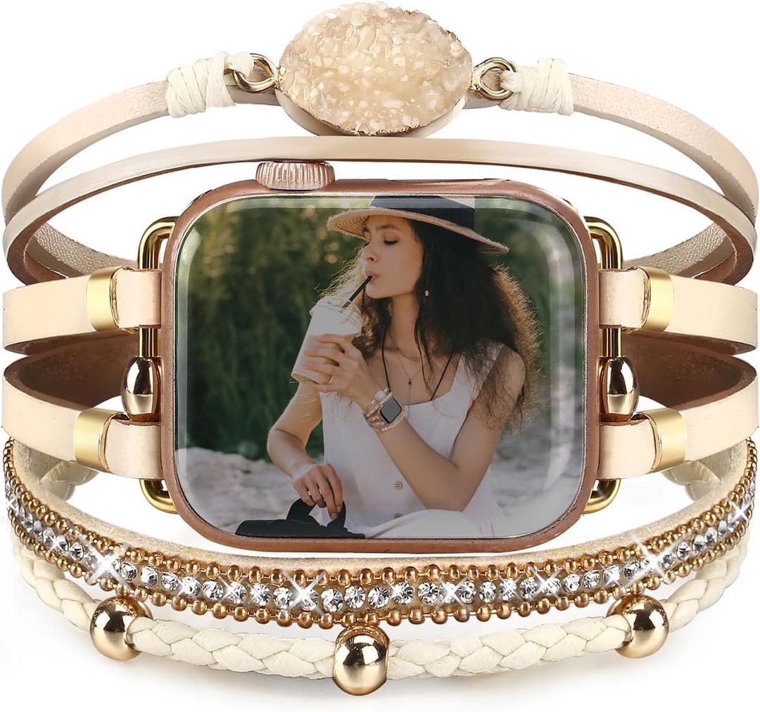 Boho Leather Bracelet Compatible with Apple Watch Bands for Women Men 38mm 40mm 41mm 42mm 44mm 45mm 46mm 49mm - Multilayer Wrap Dressy Apple Watch Strap for Cute Iwatch Band Series 11 10 9 8 7 6 5 4 SE 3 Ultra 3 2 1