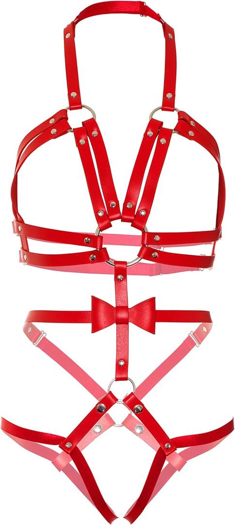 Leg Avenue womens Convertible Vegan Leather O-ring Studded Harness Teddy With Snap-off Panty, Adjustable Straps, and Bow Detail