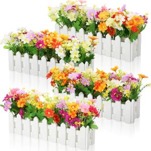 Pinkunn 4 Sets Artificial Flower Plants in Pots Fake Daisies in Picket Fence for Outdoors Indoor Spring Summer Decorations for Office Home Window Wedding Decoration(Multicolor)