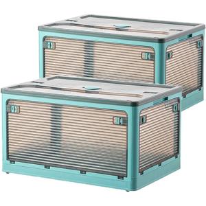 Folding Storage Bins, 50 Liters, 2 Pcs Blue plastic Storage Containers with Wheels, Double Doors, Foldable, Stackable, Plastic Box with Lids for Organization, Storage Cart