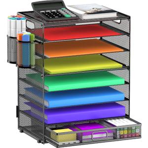 GoldOrcle 8 Tier Paper Letter Tray Organizer with Drawer & 2 Pen Holders, Mesh Desk File Holder Storage Organization for Home School Classroom & Office