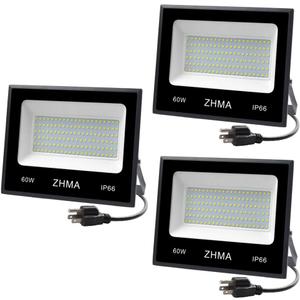 3 Pack 60W LED Flood Light with Plug(Warm White),6000lm Super Bright Security Lights, IP66 Waterproof Outdoor Landscape Floodlight for Back Yard, Garden, Playground