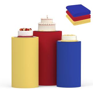 Cylinder Covers Set of 3, Cylinder Stand Covers for Parties,Round Pedestal Stand Covers for Cylinder Stands for Wedding Party Birthday Display(Cylinder Stands Not Included) (Blue Yellow Red, S+M+L)