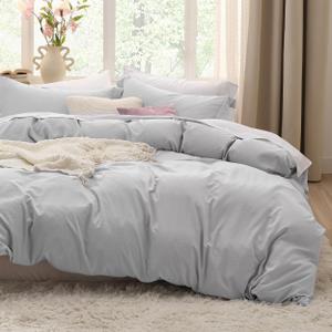 Bedsure Duvet Cover Queen Size with Fitted Sheet - 4 Pieces Prewashed Cotton-Like Polyester Extra Soft Bedding Set, Includes 1 Duvet Cover 90x90 Inches, 2 Pillow Shams, 1 Fitted Sheet, Light Grey