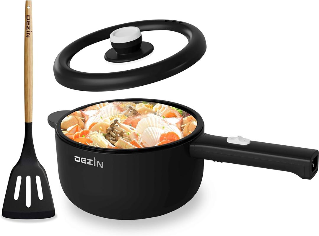 Dezin Hot Pot Electric, 2L Non-Stick Saut Pan, Rapid Noodles Cooker, Mini Portable Pot for Steak, Egg, Fried Rice, Ramen, Oatmeal, Soup with Power Adjustment & Spatula, College Dorm Room Essential