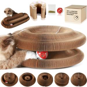 Magic Organ Cat Scratcher with Bell Ball and Catnip - Longer, Stretchier Accordion Cardboard Scratching Pad with 4 Strong Magnets - Interactive Kitty Kurlz Cat Toy