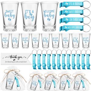 Pickmesh 96 Pcs Baby Shower Party Favors for 24 Guest, Boy or Girl Shot Glasses Gifts, Bottle Openers, Thank You Tags, Organza Bags Baby Shower Prizes for Guest Return Gifts Gender Reveal Party(Blue)