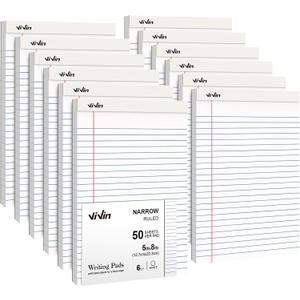 ViVin 5 x 8 Inch Legal Pads, 12 Pack, Narrow Ruled, 50 Sheets Per Writing Pad, Perforated Note Pads Ideal for Home, Office, Business, 600 Sheets, White Paper