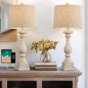 BOBOMOMO 27" Table Lamp with USB C+A Charging Ports Set of 2 Antique Nightstand Lamp for Bedroom Living Room Farmhouse Office Retro Rustic Resin Bedside Desk Lamps Washed White (2 Pack Rotary Switch-Beige)