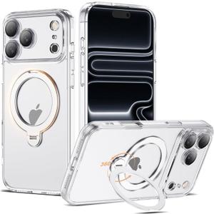 Compatible with iPhone 17 Pro Max Case with 360 Spin Magnetic Ring Stand [Compatible with Mag-Safe] Full Camera Lens Protector Plating Clear Phone Case for iPhone 17 Pro Max 6.9", Clear