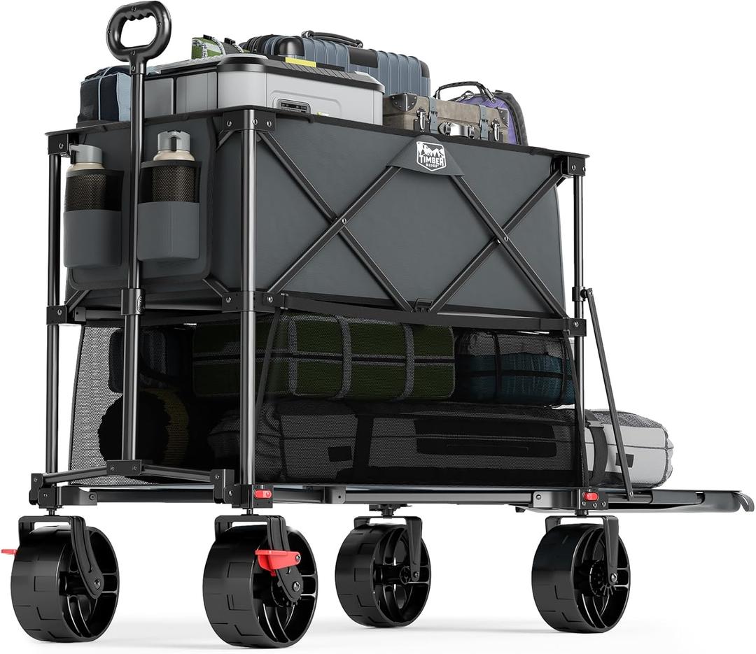 TIMBER RIDGE 400L Large Capacity Folding Double Decker Wagon with Brakes, 54" Extra Long Extender Wagon Cart, 450lbs Heavy Duty Collapsible Cart, All-Terrain Big Wheels for Camping, Sports, Shopping