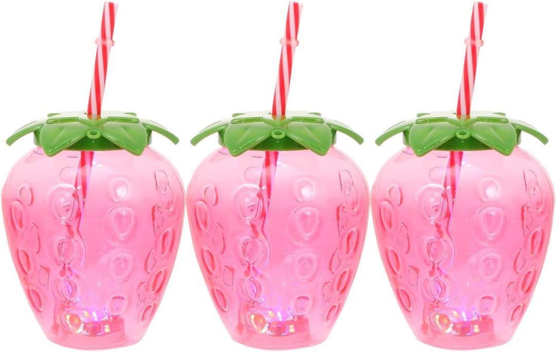 Cabilock Luminous Pineapple Beverage Cups Set of 3 with Led Light for Party Bar Birthday Plastic Drinkware 3.34X4.8 Inches (Pink strawberry)