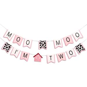Gostman Moo Moo I'm Two Banner - Pink and White Farm Theme Birthday Party Decoration, Cow Print Design 