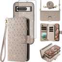 Compatible with Google Pixel 8 Pro 5G Wallet Case Zipper Cell Tempered Glass Screen Protector Crossbody Strap Glitter Flip Card Holder Phone Cover for Pixel8Pro Pixel8 XL Eight 8Pro Women Grey