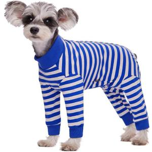 Dog Striped Recovery Suit, Puppy After Surgery Onesie for Female Male Dogs, Dogs Cats Long Sleeve Pajamas Bodysuit, Surgery Abdominal Wound Bandages Clothes, Dog Pant for Shedding Skin Disease (Large, Blue)
