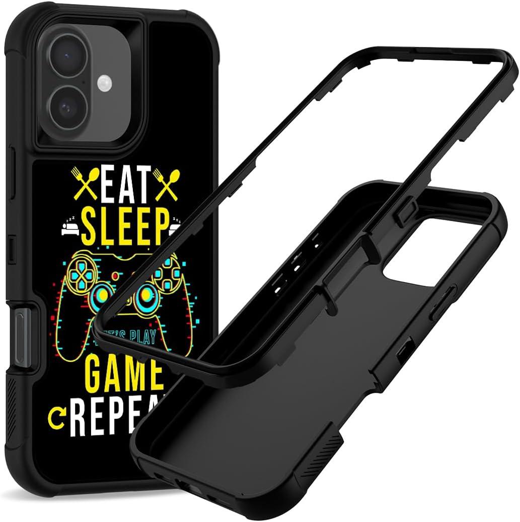 Compatible with iPhone 16 Case Cool Eat Sleep Game Repeat Design for Boys Kids Teens, 3-Layer Rugged Shockproof Anti-Slip Hard Bumper Silicone Rubber Heavy Duty Protection Cover
