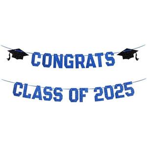 Gexolenu Blue Congratulats Class of 2025 Graduation Theme Party Decoration Banner, Congrats Grad Banner, Black Glitter Graduation Banner, 2025 Black Congratulations Grad Party Decorations