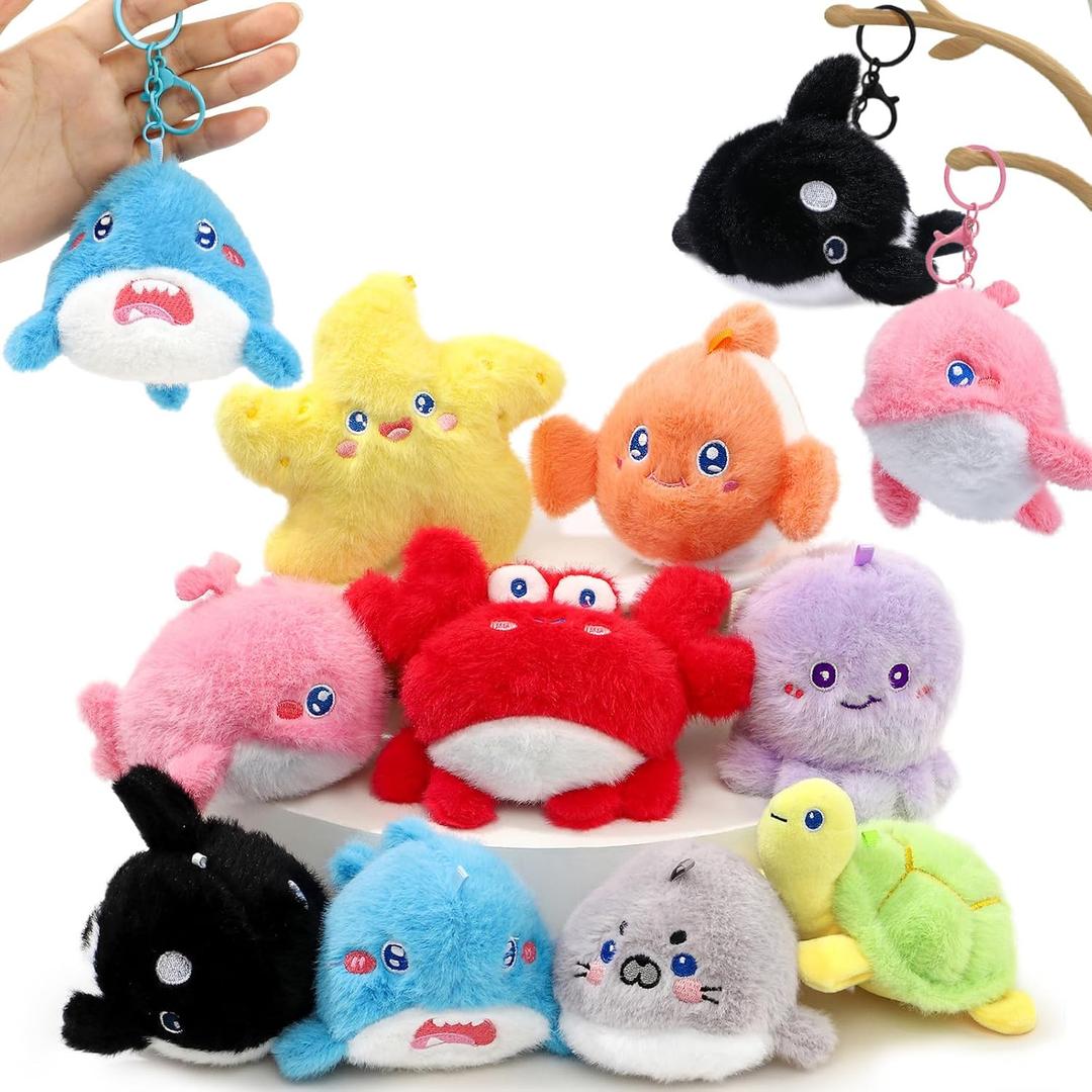 Golray 9Pcs Plush Ocean Stuffed Animals Keychain Under the Sea Party Favor Kids Bulk Toys Cute Fish Shark/Seal/Octopus Goodie Bag Stocking Stuffers Carnival Prize Boy Girl Christmas Birthday Gift