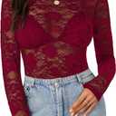 LYANER Women's Sexy Mesh Top Floral Long Sleeve See Through Shirt Lace Sheer Blouses (Wine Red), S